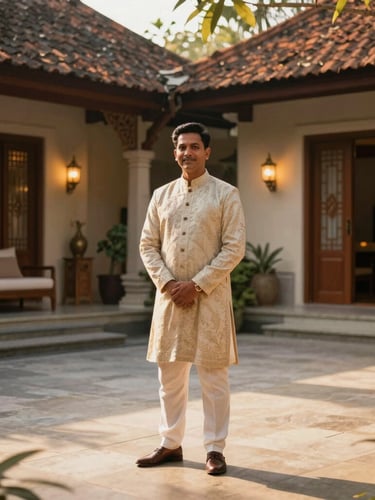 Elegant Indian host in refined attire standing in a sun-drenched luxury villa courtyard in Bali, warm lighting, editorial composition, 35mm