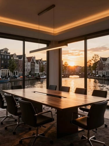 A high-end modern corporate boardroom overlooking the Amsterdam canals at sunset, warm ambient interior lighting, rich saturated tones, 35mm editorial style