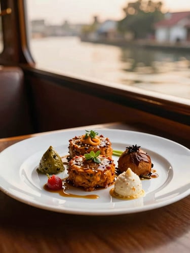 Close-up of a beautifully plated gourmet Indian-inspired dish served on a private canal boat, warm interior ambient lighting, elegant composition, 35mm