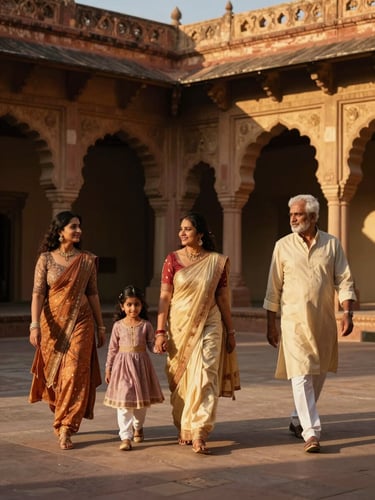 Warm editorial travel photography, golden-hour sunlight, an elegant multi-generational Indian family walking through a historic European courtyard, deep shadows, 35mm