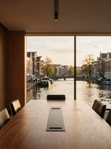 A scenic modern boardroom in Amsterdam overlooking historical canals, warm golden-hour sunlight filtering through large windows, elegant minimal design, 35mm photography