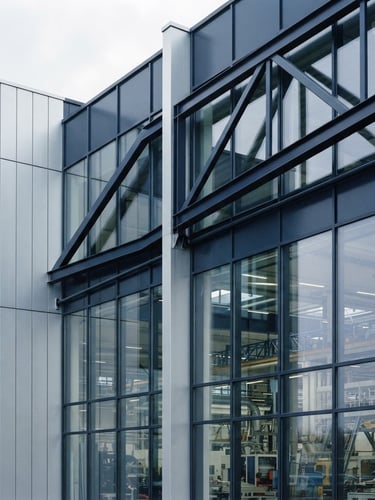Architectural close-up of a modern European manufacturing facility, clean geometric steel lines, cool overcast daylight, muted navy tones, 35mm