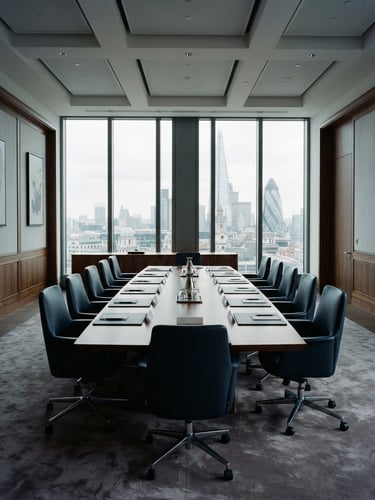 A quiet, high-end European executive boardroom with soft overcast daylight filtering through large windows, architectural lines, muted navy tones, 35mm photography