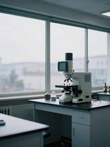 A quiet, modern European quality control laboratory, cool overcast daylight filtering through large windows, technical precision, 35mm.