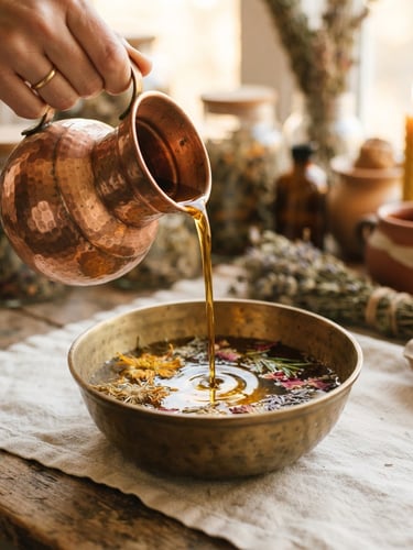 Close-up of warm herbalized oil slowly pouring from a polished copper vessel into a brass bowl, warm candle glow, shallow depth of field, 35mm