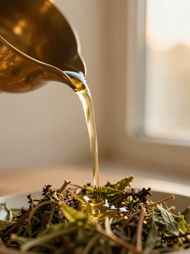 Intimate close-up of warm herbalized oil pouring from a polished brass vessel, soft golden-hour window light reflecting on the stream, shallow depth of field