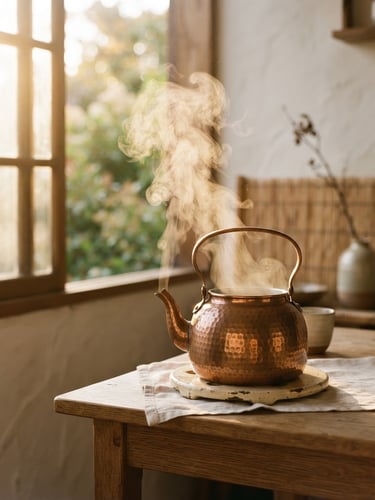 Soft warm golden-hour window light illuminating steam rising from a copper water vessel in a quiet, minimalist room, rich cream tones, 35mm