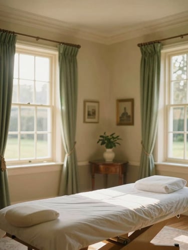 Wide environmental shot of a quiet treatment room in a historic estate, soft sunlight filtering through windows, warm cream walls, botanical green accents