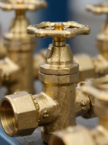 Close-up of golden brass metal shavings and industrial brass valves in bright natural daylight, metallic textures, sharp focus, 35mm lens