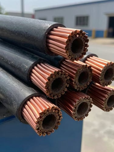Close-up of thick industrial copper cables cut clean, showing copper wire core texture, bright natural daylight, industrial yard background