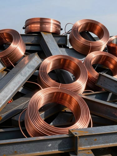 High-quality industrial scrap metal pile under bright daylight, copper coils and steel beams visible, sharp focus, professional industrial photography