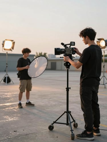 Wide shot of a student film crew mid-setup on a concrete location, camera operator adjusting a cinema lens while a second student holds a reflector, tungsten practical lights visible in background, late afternoon industrial light