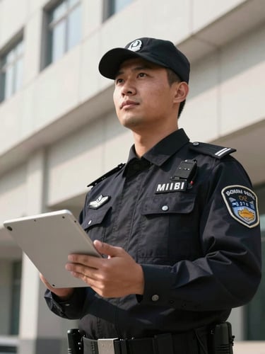 Low-angle heroic portrait of a security supervisor in a crisp dark uniform holding a digital tablet, clean architectural background, sharp daylight.
