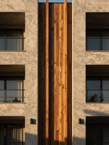 Architectural detail of a modern residential facade in Saltillo, warm late-afternoon golden hour light casting long dramatic shadows on concrete and wood textures, straight vertical lines, editorial framing.