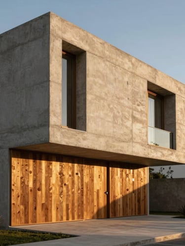 Fachada exterior de casa moderna minimalista en Saltillo, líneas rectas, concreto aparente y madera, luz de atardecer dorado