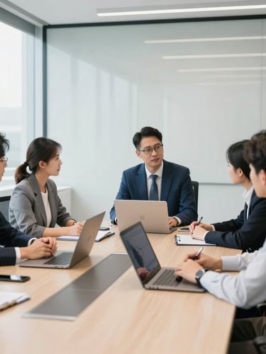 Modern corporate meeting room, clean and relaxed workspace with natural light, executives collaborating around a table, editorial 35mm