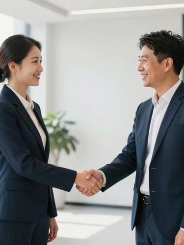 Two professional executives smiling and shaking hands in a bright, clean office lobby, feeling relieved and confident, natural light, blue and orange accents, editorial 35mm