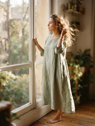 Portrait of a woman in a flowing linen dress, soft sage color, standing by a sunlit window, gentle breeze, shallow depth of field, warm editorial photography.