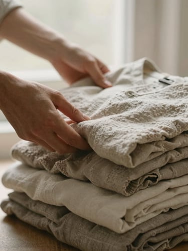 Close-up of hands gently folding a stack of neutral-toned linen garments, soft morning light from a window, warm editorial photography.
