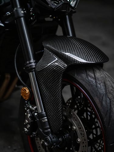 Low-key moody motorcycle photography, sharp rim lighting on a glossy carbon fiber front fender, deep blacks, macro, 85mm