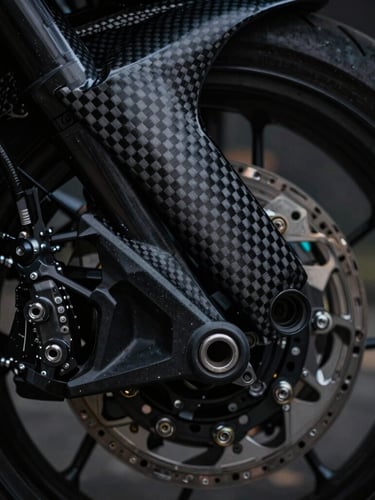 Macro shot of raw OEM motorcycle plastic being meticulously overlaid with raw 3K carbon weave under sharp rim lighting, deep blacks, high-contrast, 85mm