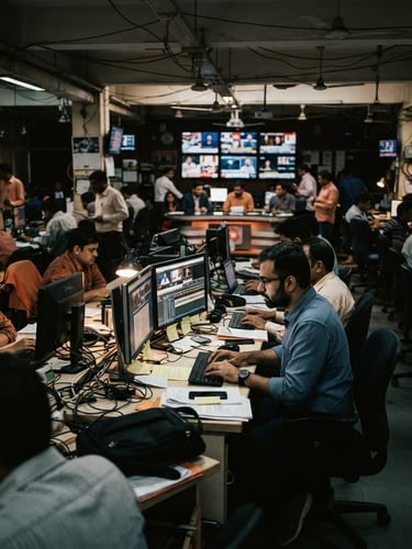 Wide photojournalistic shot of a bustling Indian newsroom at night, monitors glowing, reporters focused on screens, high-contrast shadows, desaturated editorial tones, 35mm documentary style.