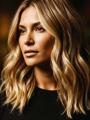 Close-up of a model with beautifully hand-painted balayage hair, showing rich dimensional blonde tones and seamless blend, dramatic studio lighting, shallow depth of field, high-contrast, 35mm film look, hair texture in sharp focus, styled to perfection.
