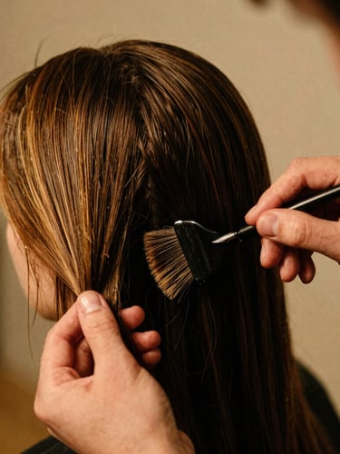 Close-up of a stylist's hands meticulously applying balayage with a brush to a client's hair, warm studio lighting, high-contrast, shallow depth of field, 35mm film look.
