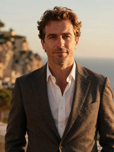 Crisp editorial portrait of a creative director in Mallorca, warm natural golden hour light, coastal background blurred, high-end lifestyle feel.