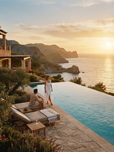 Wide cinematic shot of a sun-drenched luxury villa infinity pool in Mallorca at golden hour, overlooking the Mediterranean Sea, warm shadows, high-end editorial feel.