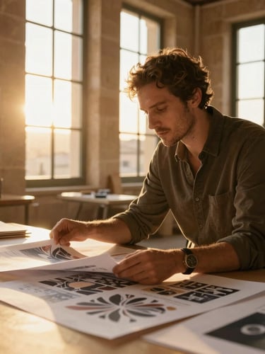 Close-up editorial portrait of a creative director reviewing high-end print layouts in a sun-drenched stone atelier in Palma, warm golden hour light streaming through tall windows