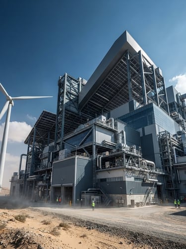 Wide-angle low-angle architectural shot of a massive industrial factory in the MENA desert, featuring sleek steel structures, integrated solar panels on the roof, and a large wind turbine nearby, high-contrast crisp daylight with dramatic shadows, slate gray and steel blue tones.