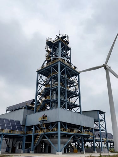 Low-angle architectural shot of a modern heavy-industry factory with massive wind turbines integrated into the site and solar arrays covering the roof, dramatic overcast sky highlighting the steel structure, high-contrast steel blue and slate tones.