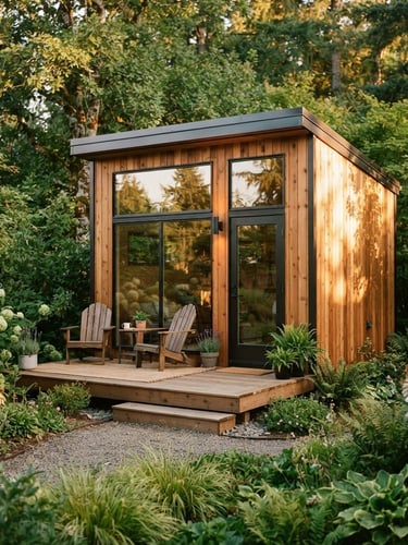 Warm architectural photography of a modern cedar prefab tiny home nestled in a lush green backyard, soft golden hour sunlight reflecting off Douglas fir panels, 35mm