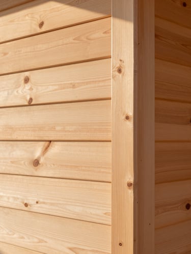 Close-up of tactile wood joinery on a cedar cabin wall, soft morning light highlighting the natural grain of Douglas fir, architectural detail
