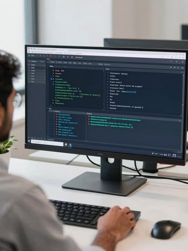 Over-the-shoulder shot of a clean modern workspace in India, a developer reviewing node-based automation flows on a high-resolution display, cool screen glow, sharp focus, 35mm
