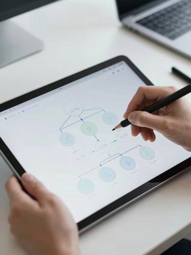 Close-up of hands drawing a system architecture diagram on a digital tablet, bright natural office light, clean tech-forward workspace, sharp focus