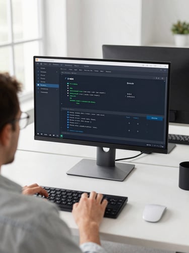 Over-the-shoulder shot of a clean modern workspace, a developer reviewing node-based n8n automation flows on a high-resolution monitor, cool screen glow, bright natural office light