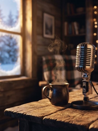 Portrait-oriented image of a vintage condenser microphone on a rustic wooden table, steam rising from a mug, inside a cozy, snow-rimed cabin, warm light from a window, shallow depth of field, 35mm film grain. The microphone is positioned to the right, leaving space for text on the left.