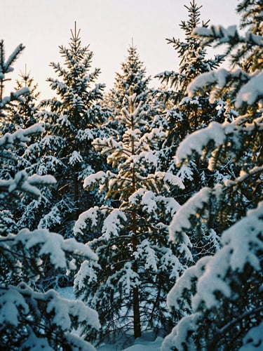Portrait-oriented image of a snow-dusted pine tree forest at golden hour, soft light filtering through, crisp chill in the air, 35mm film grain.
