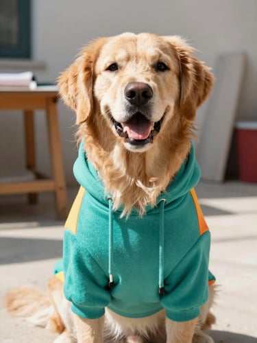Eye-level medium shot of a happy golden retriever wearing a colorful handmade teal hoodie, bright natural daylight, Celaya workshop background, sharp focus