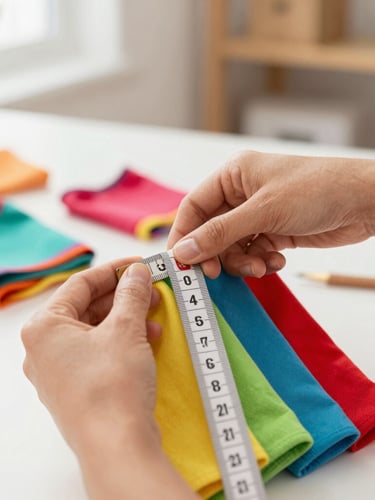 Hands of a Mexican artisan measuring a soft colorful fabric with a tape measure, warm studio workshop background, bright natural light