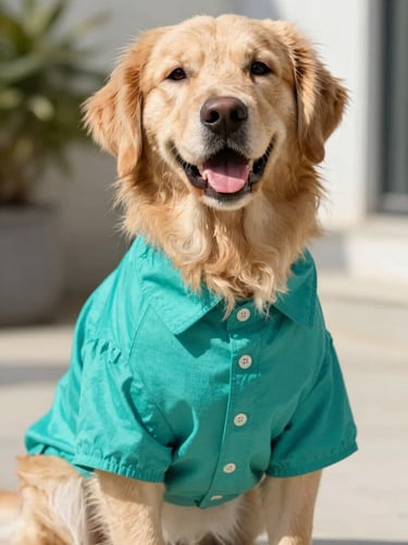 Eye-level portrait of a happy golden retriever wearing a vibrant teal custom-tailored shirt, sitting in bright natural daylight, shallow depth of field