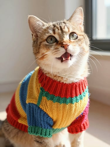 Eye-level shot of a happy cat wearing a tiny handcrafted colorful knit sweater, warm indoor lighting, soft focus on stitch details