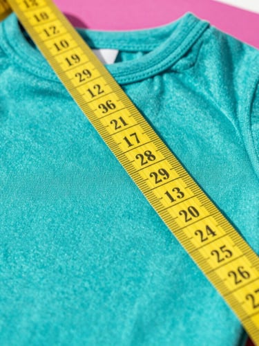 Close-up of colorful soft textile fabrics with a yellow tailor measuring tape draped over them, bright natural daylight, vibrant teal tones