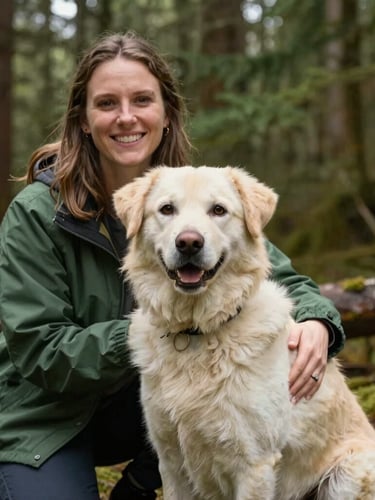 An intimate eye-level portrait of a healthy companion dog sitting next to a smiling volunteer in a forest-green jacket, soft overcast Pacific Northwest daylight, warm editorial style.
