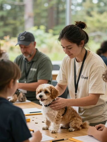 A warm community workshop in Everett, Washington, a volunteer demonstrating gentle pet care to local families, soft natural overcast light, authentic human-animal interaction