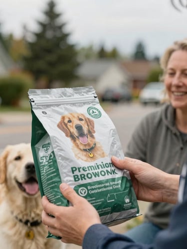 Candid medium close-up of a volunteer handing a bag of premium dog food to a smiling resident on an Everett street, soft overcast daylight, natural warm tones, shallow depth of field