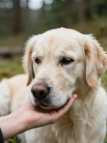 Intimate medium close-up of a healthy golden retriever resting its chin on a volunteer's hand, soft natural Pacific Northwest daylight, warm cream tones, shallow depth of field