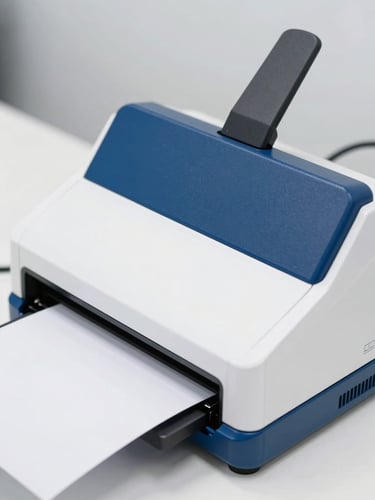 Medium close-up of a high-speed document scanner in action, crisp blue and white tones, bright neutral office lighting, sharp focus, 35mm
